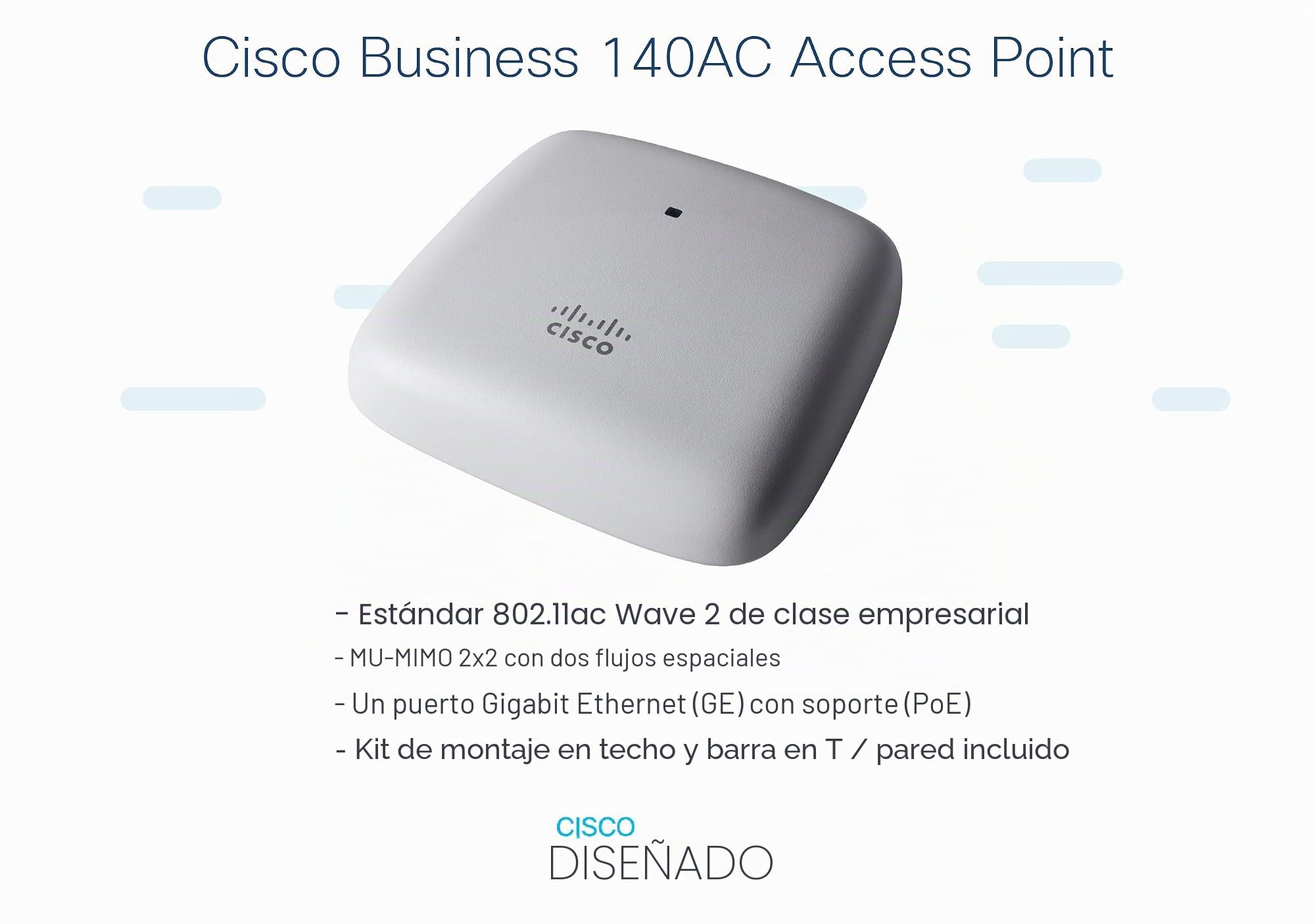 Cisco Punto de Acceso Cisco Business 140AC 802.11ac 2x2 (Wave 2), 1 Puerto GbE, Montaje en Techo, protección Limitada de por Vida (CBW140AC-E)