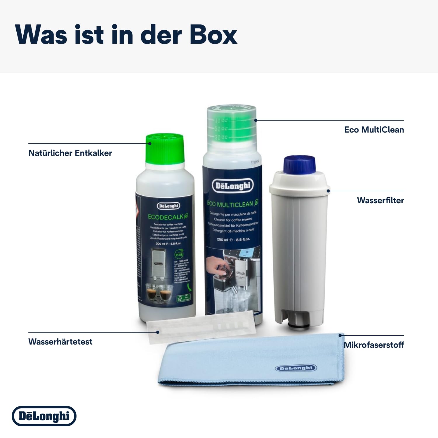 De'Longhi Original CoffeeCareKit DLSC306 -Pflegeset für Kaffeemaschinen & Kaffeevollautomaten,enthält 1 x 200 ml EcoDecalk,1x 250 ml EcoMultiClean,1x Wasserfilter,1x Mikrofasertuch,1 x Wasserhärtetest