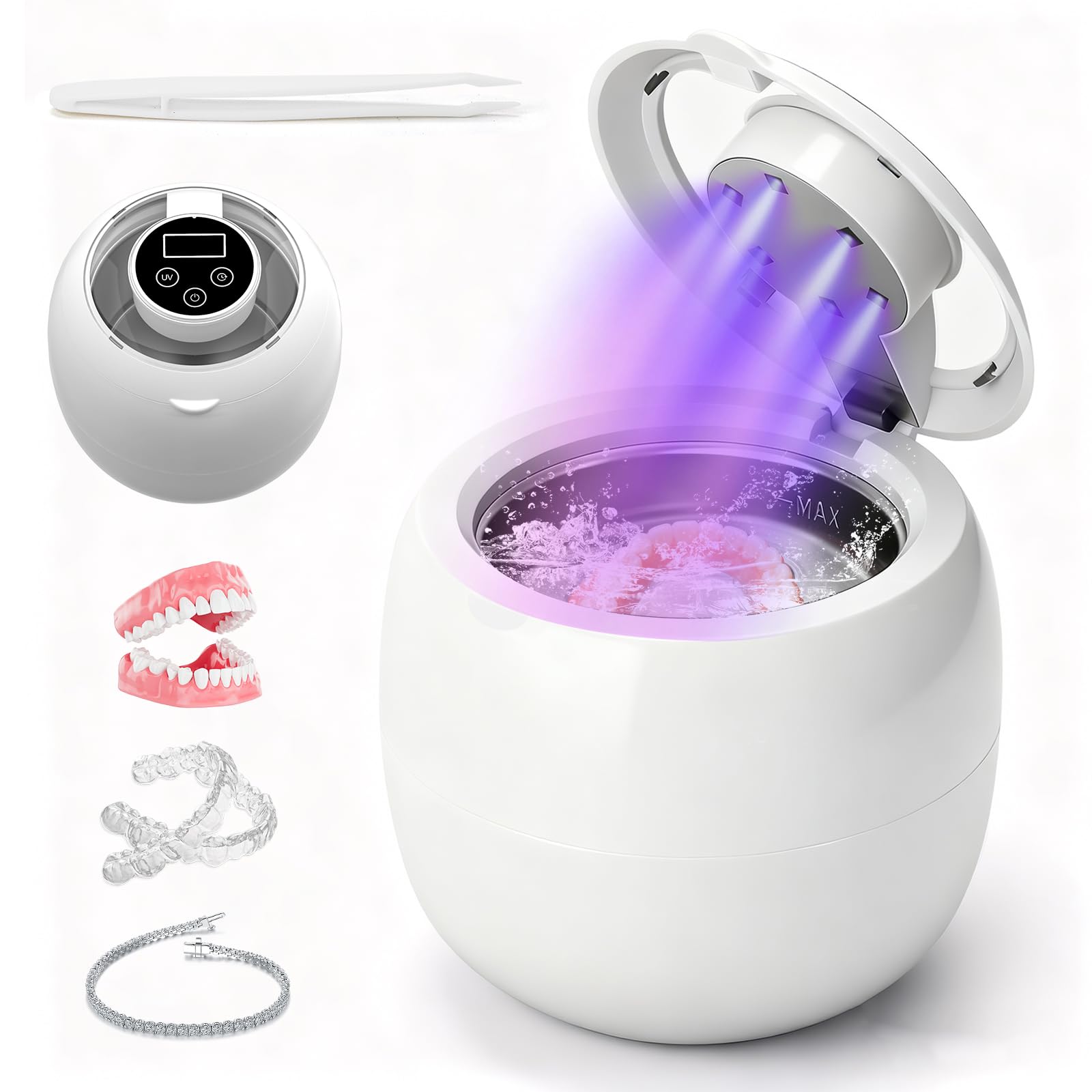 LONGYI Pulitore Ultrasuoni Apparecchio Denti, Pulitore ad Ultrasuoni 45KHZ Dental Pod con 6 Lampade UV, Batteria integrata, 4 Impostazioni del Timer, Pulitore ad Ultrasuoni per Protesi Dentarie