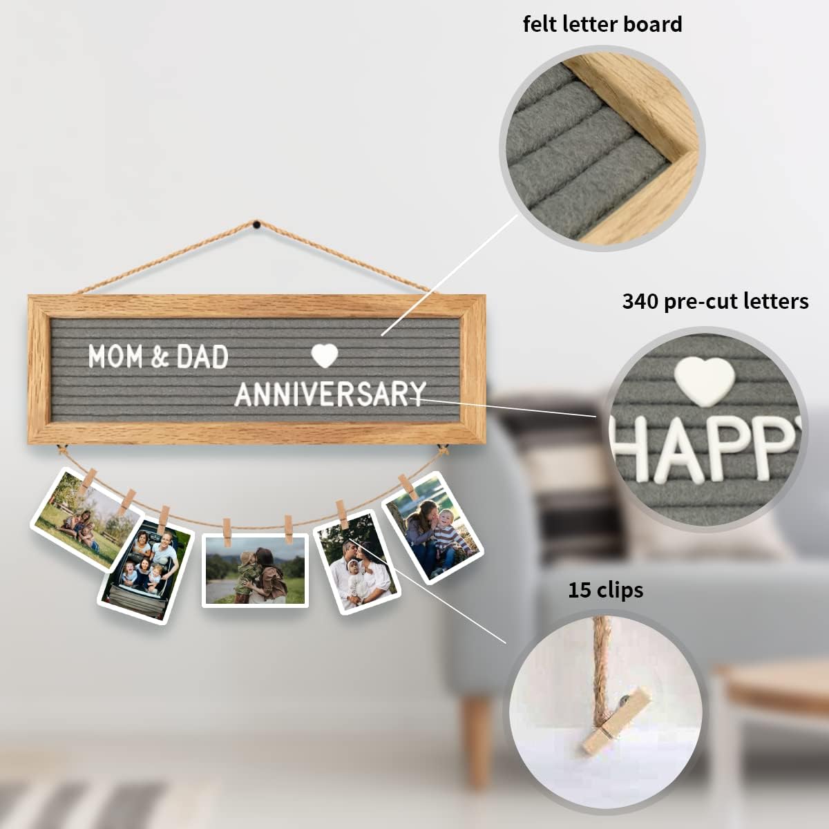 Oak Wood Felt Letter Board with Photo Clips