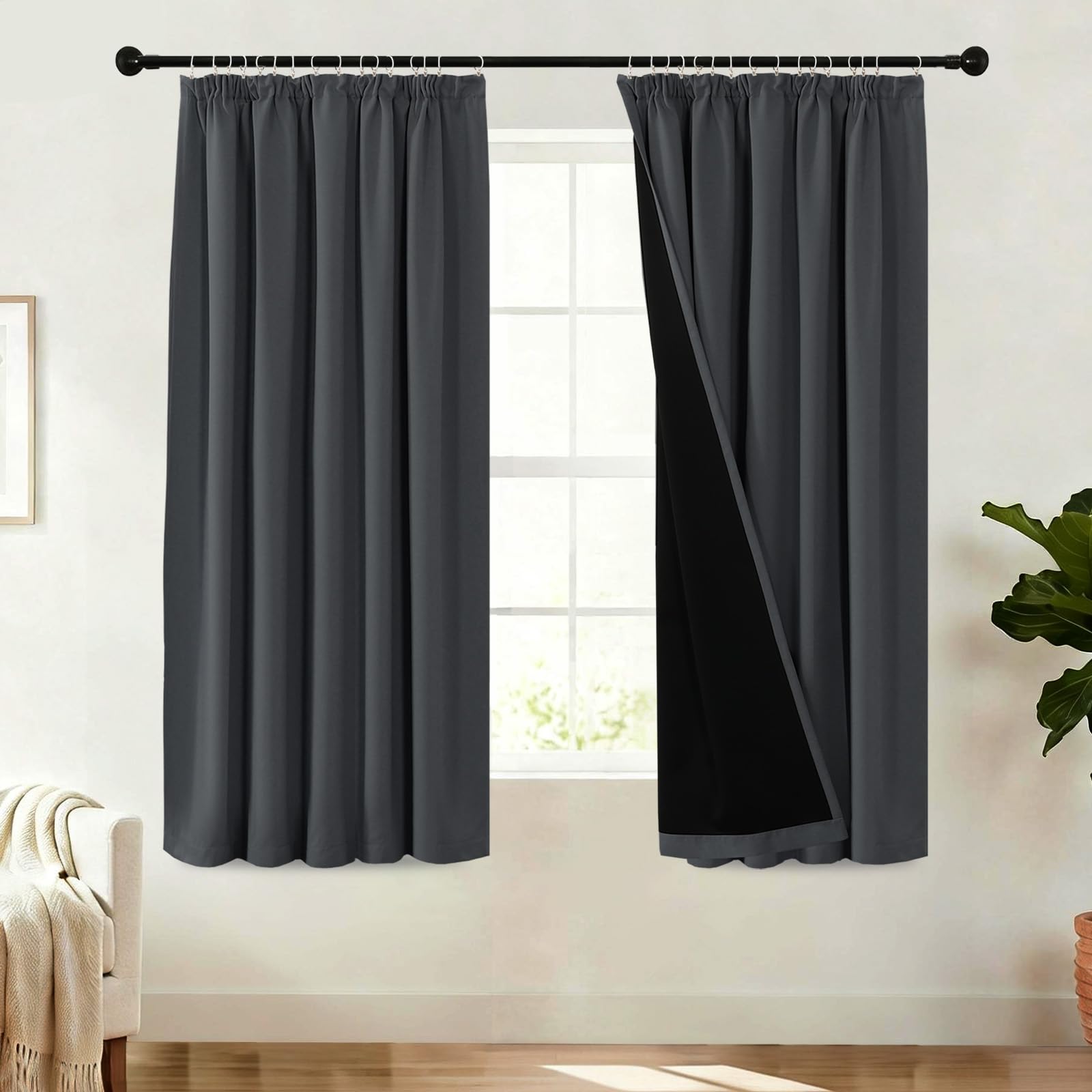 BellaHills 100% Blackout Curtains for Bedroom Thermal Insulated Curtains & Drapes for Living Room Short Window Curtain with Hooks Pencil Pleat Back Tab Rod Pocket 2 Panels,W46 X L54,Charcoal Grey