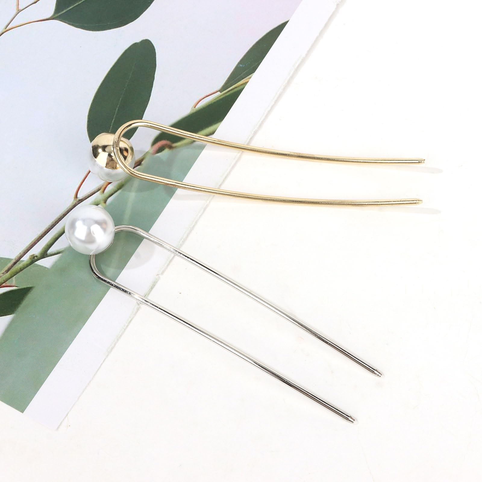 Padorul U-Shaped Pearl Hairpins for Women 2Pcs Silver and Gold Pearl Hairpins Metal Hair Clips Sticks Accessories Simple Design for Women’s Thick Hair Suitable for All Occasion Dressing-up - Image 4