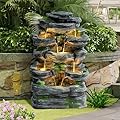 GIODIR Garden Fountains Outdoor, 7-Tiers Cascading Rock Water Fountain, 24.4" H Waterfall Fountain Indoor with 6 LED Lights and Moss for Patio, Yard and Home Art Decor, Natural Stone Look