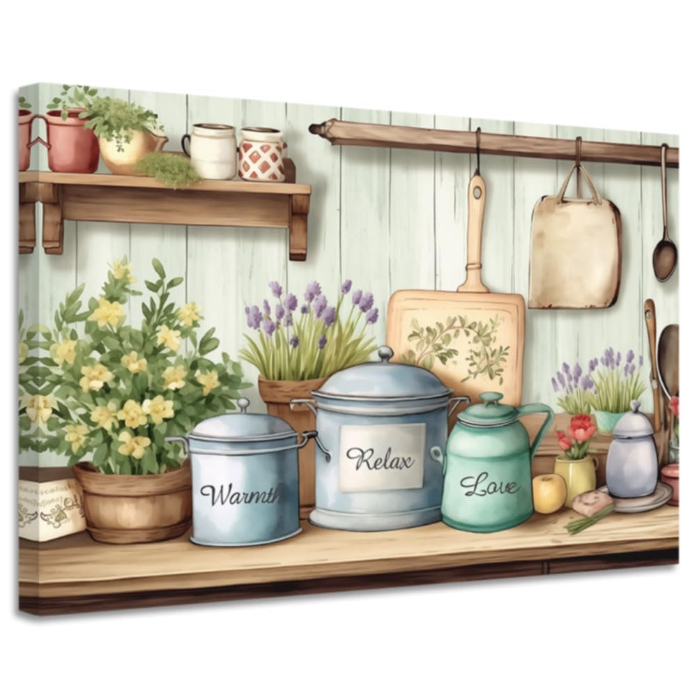 CGXLB Country Kitchen Pictures Wall Art Vintage Ceramic Jars Painting Rustic Farmhouse Wall Decor for Dining Room 12"x18"