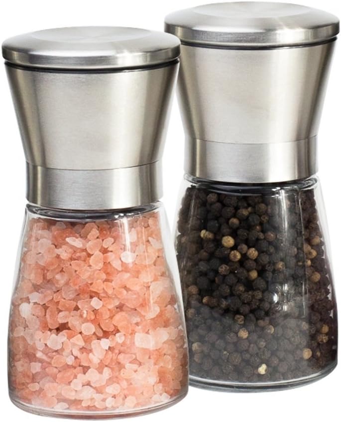 Salt and Pepper Grinder Set of 2 Cordless & manually Adjustable Mills, Hand Crank grain Mill for Spices, Herbs, Himalayan salt, black Peppercorns. Easy to Clean & Refill. Spice up like a Pro!
