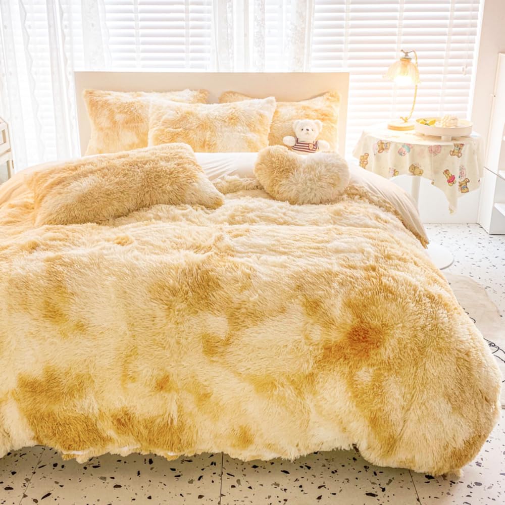 Flauschige Bettwäsche 135x200 Plüsch Langhaar Beige Gelb Winter Warm Biber – Ansicht 2