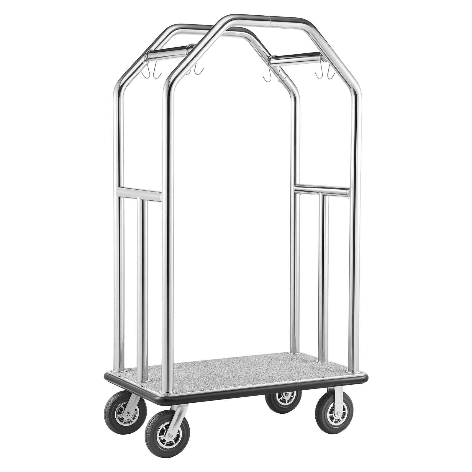 VEVOR Carrello Portabagagli per Hotel, Portata Max 680,39 kg, Carrello Bagagli Hotel con Telaio in Acciaio Inox, Ruote in Gomma da 203 mm, Pianale Rivestito in Moquette Grigia, per Alberghi e Resort