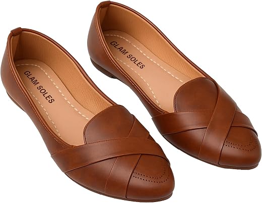 GLAM SOLES Women’s Stylish Flat Belly Shoes – Comfortable Faux Leather Slip-Ons with Crisscross Strap Flats for Office & C...