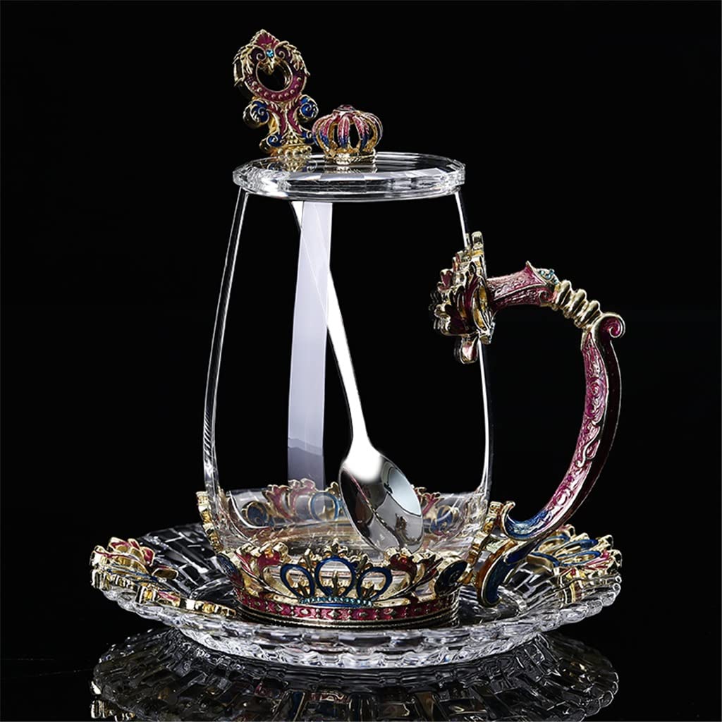 Enamel Water Cup Flower Tea Cup Set Coffee Cup European Style Heat-resistant Glass Cup with Spoon Cover