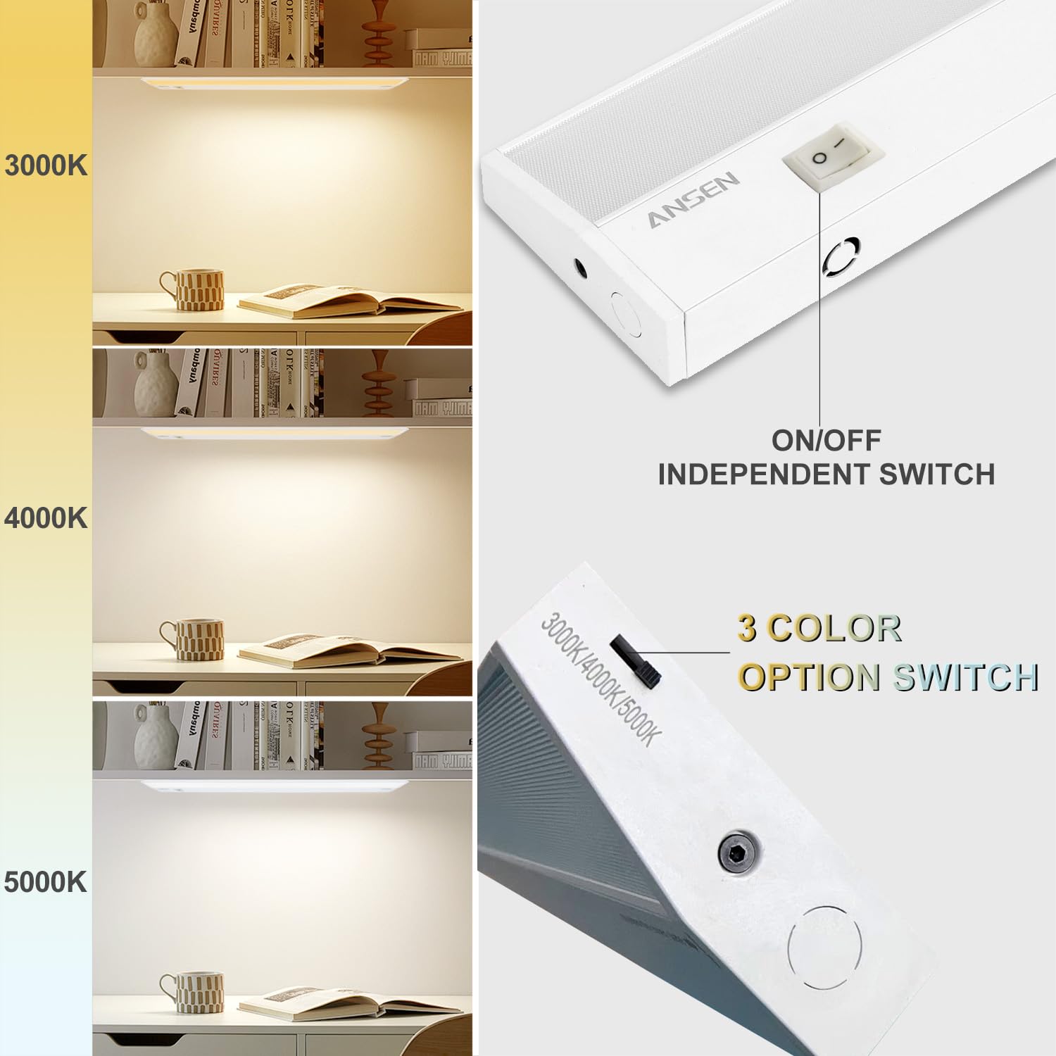 Ansen 2Packs of Under Cabinet Lighting Hardwired, 24in 18W 1237LM Dimmable Led Light for Kitchen/Closet, CRI>92, R9>90, 3 Color Temperature, 3000K/4000K/5000K(Warm White, Cool White, Daylight)