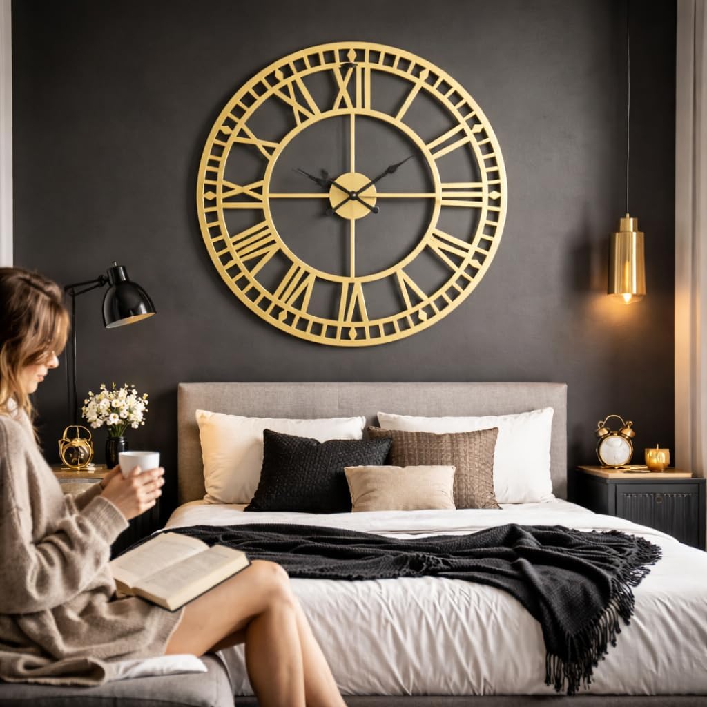 Large 32 Inch Gold Metal Wall Clock, Oversized Farmhouse & Cottage Style Decor, Roman Numeral Decorative Clock, Home Decor, Gift