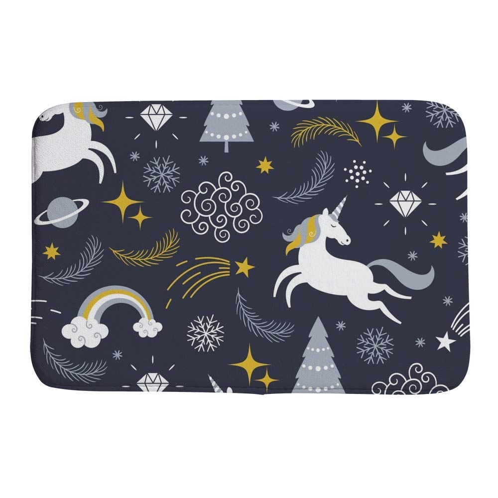 Tapis de bain licorne de Noël blanc et bleu marine en velours de corail 61x91 cm