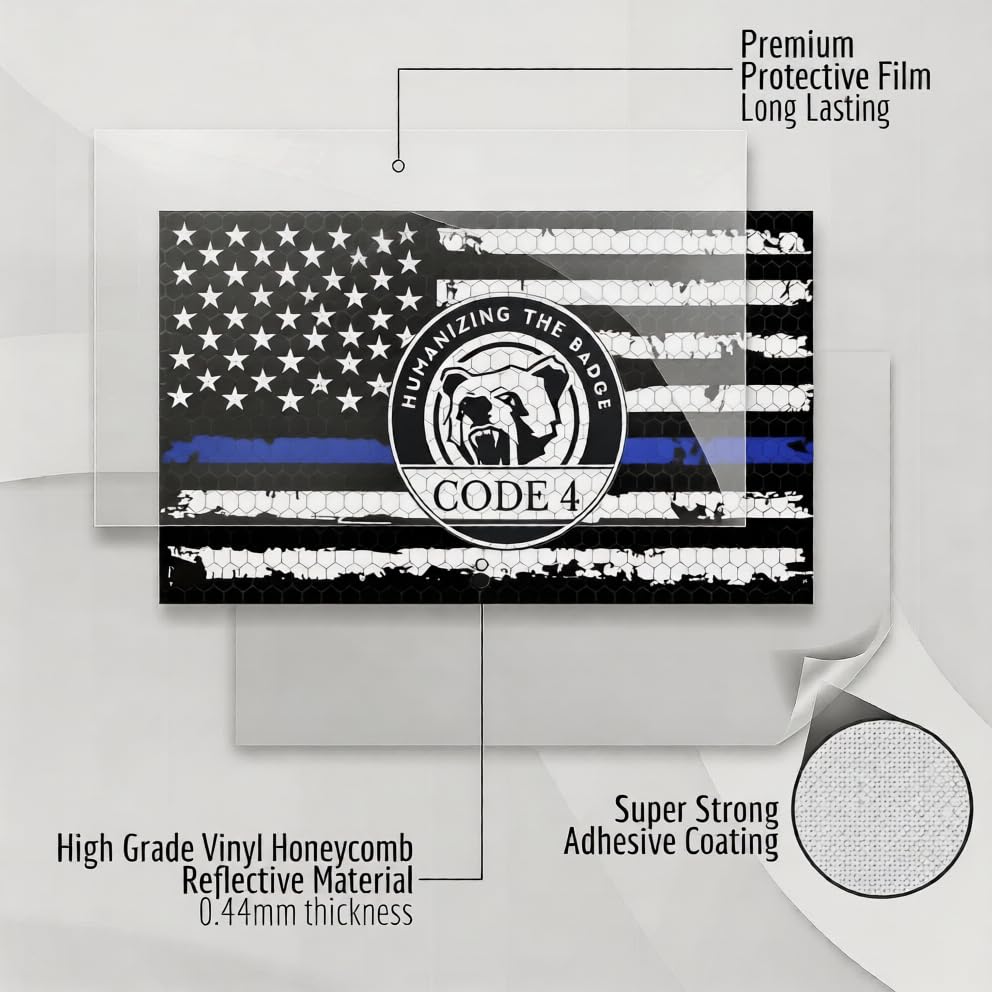 Image of Thin Blue Line Decal, Reflective Code 4 Flag Stickers Police, 3X 6 Inch American Flag Ebike Stickers - Tactical Military Flag USA Police Decal for Truck Car Window Motorcycle, Support Law Enforcement