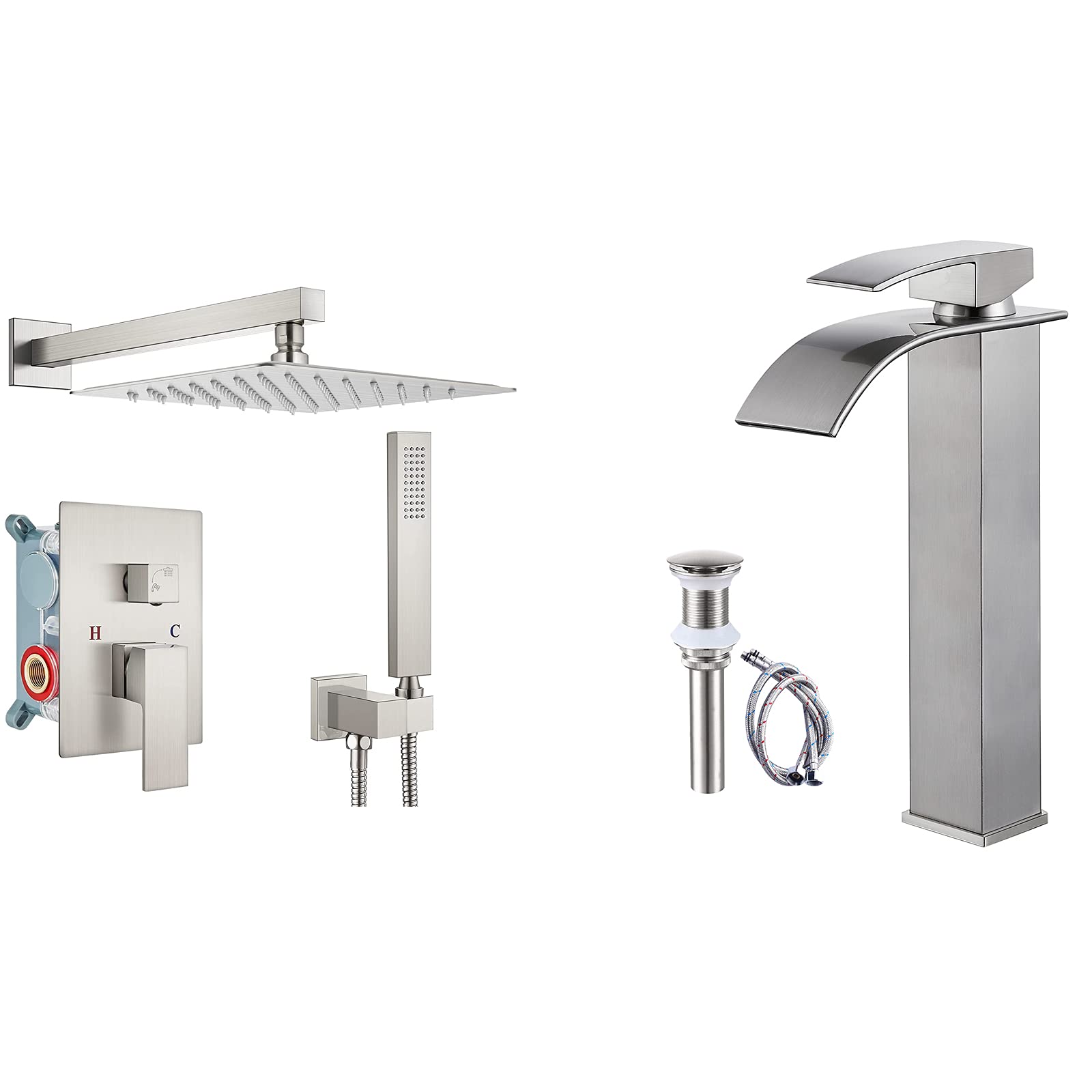 Hcfyauis 10 Inch Rain Shower System Brushed Nickel Wall Mount Matching With Brushed Nickel Waterfall Bathroom Bowl Vessl Sink Tall Faucet