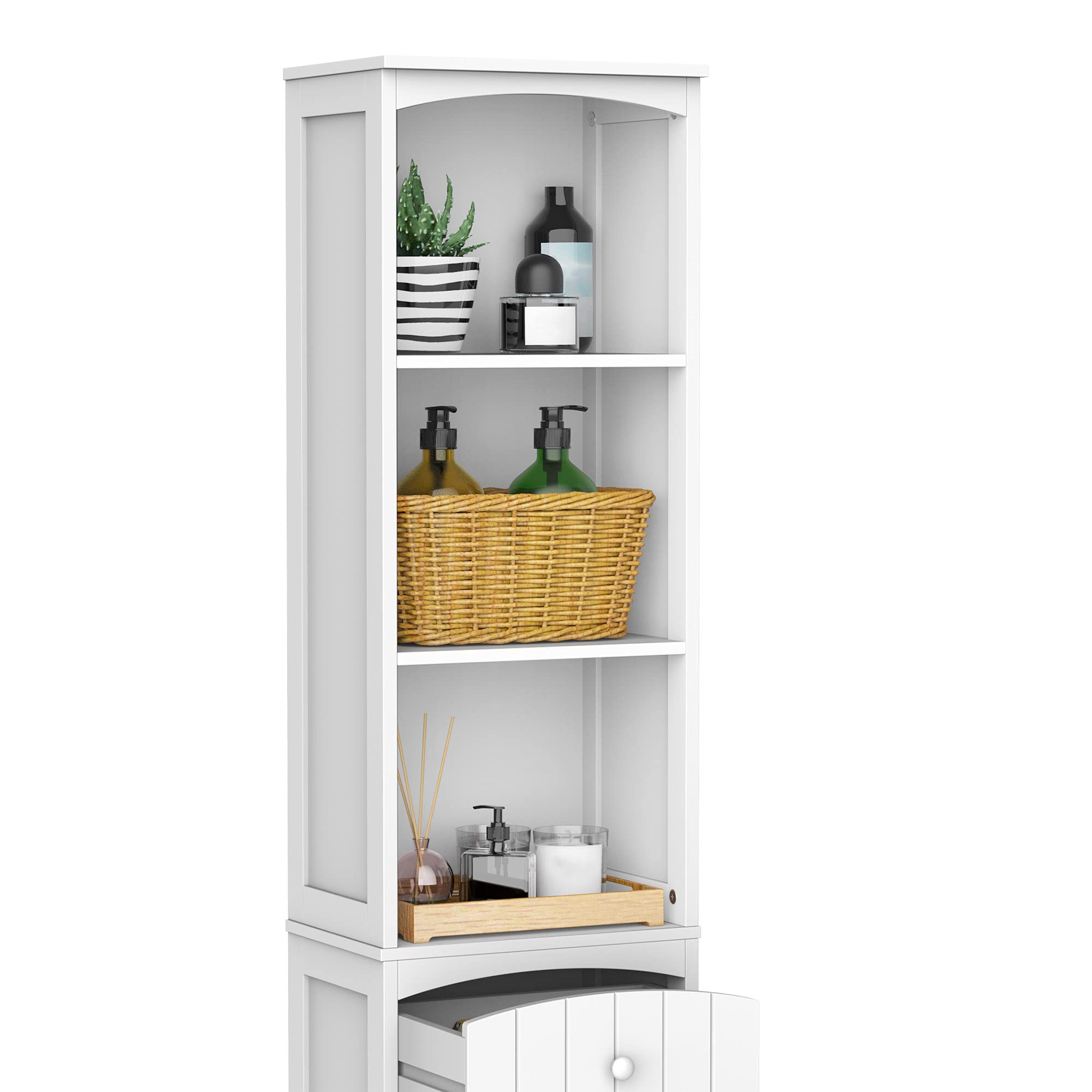 HOMCOM Armario Alto de Baño Estrecho 1 Cajón Moderno 34x24x170 cm Blanco | 3 Estantes Abiertos, Columna de Baño, para Salón, Aseo, Cocina