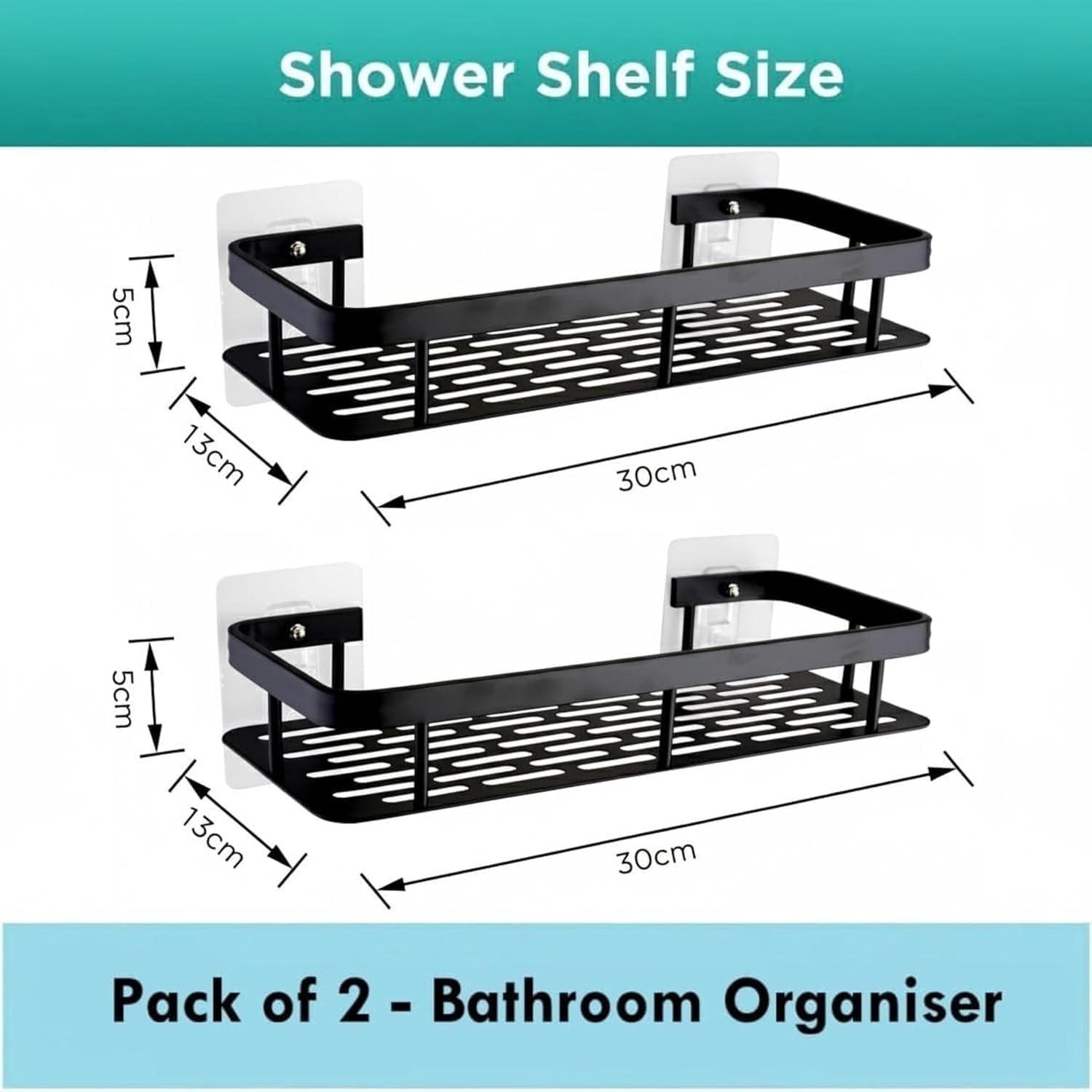 Feelon 2 Pcs Aluminium Bathroom Wall Shelf Organiser, 30 cm, Adhesive Mount Storage Rack with Installation Kit (Black)