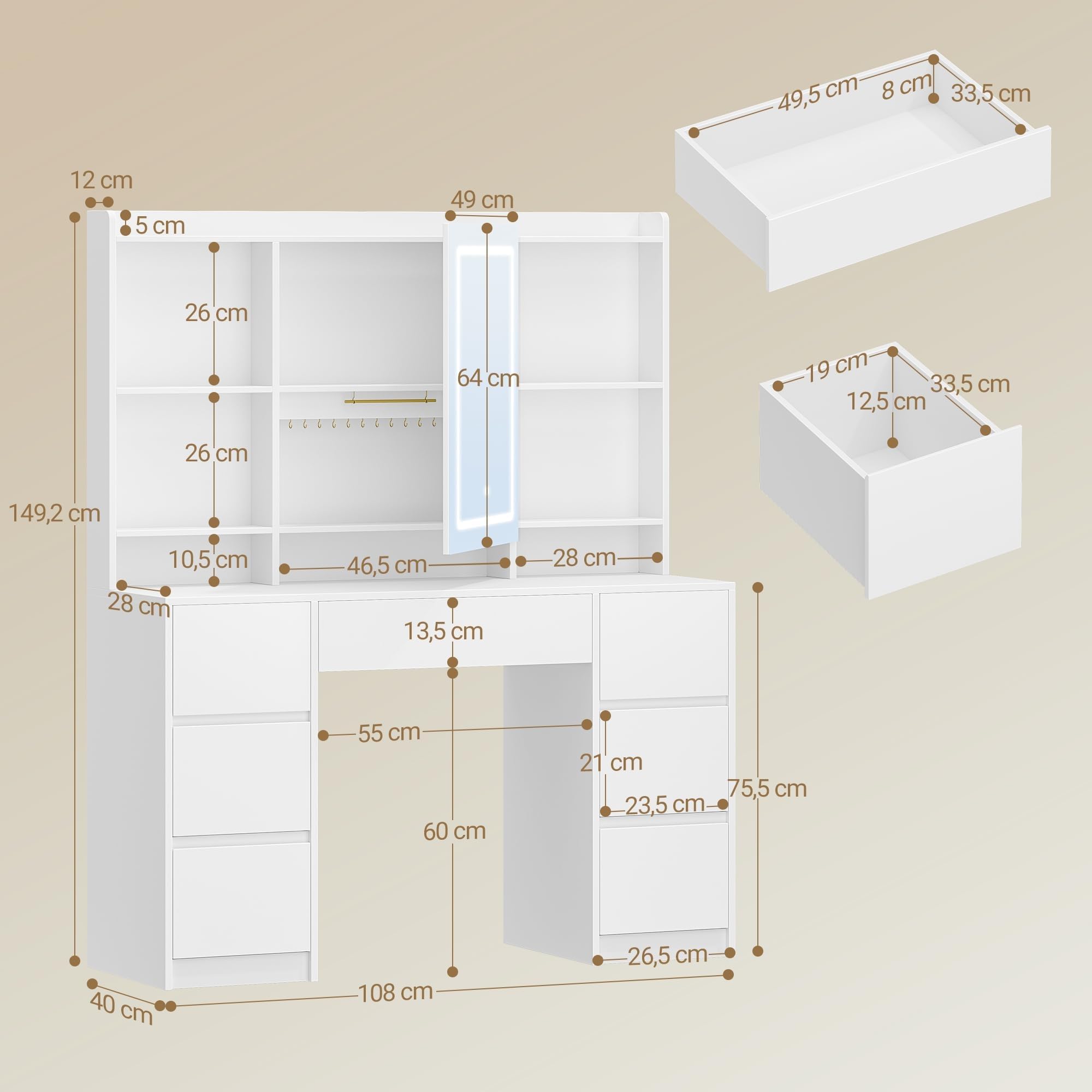 Hzuaneri 108 cm Tocador de Maquillaje Grande, Tocador con Luz LED Ajustable, Espejo, 7 Cajones, 4 Estantes, Almacenamiento Detrás del Espejo, Estilo Moderno, Dormitorio, Blanco DT43203XEU