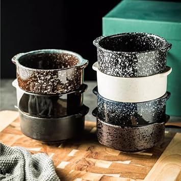 Ceramic Soup Bowls with Handles, Set of 4, 10oz, Microwave & Oven Safe, Soup Crocks for French Onion Soup, Chili, Pasta (Sea of Fog, 5 Inch)