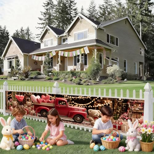 Image of Valentine Banner 78.74 x 17.72 Inch Red Pickup Truck with Teddy Bears Hearts and Gifts Romantic Festive Scene for Porch Sign Hanging Decoration Valentine Party Display