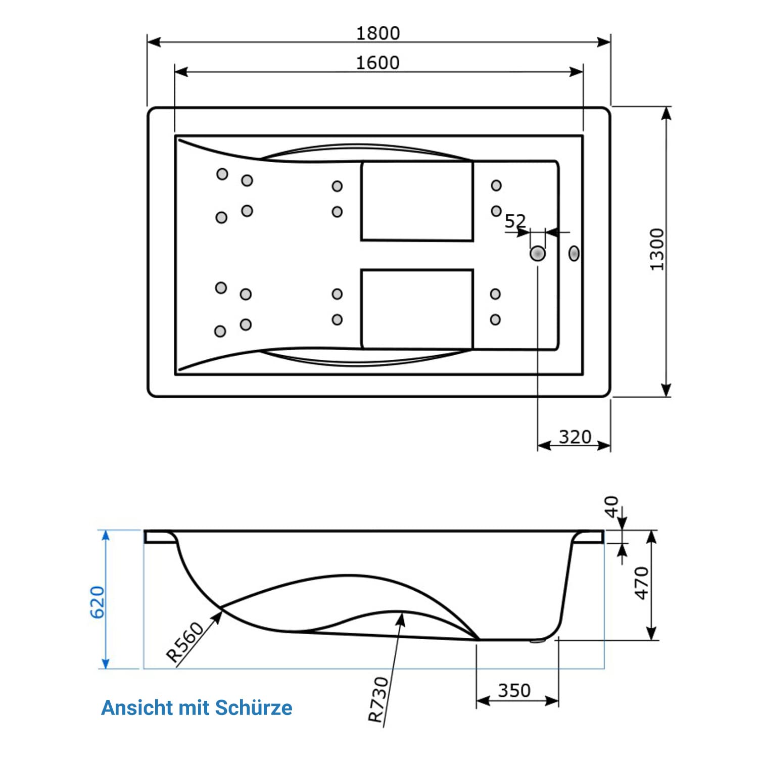 AQUADE Jacuzzi 2 Person Whirlpool Badewanne Air Relax 180x130 mit LED Whirlpool Beleuchtung & Badekissen für Badewanne Whirlpool 2 Personen/Whirlpool Badewannen Set