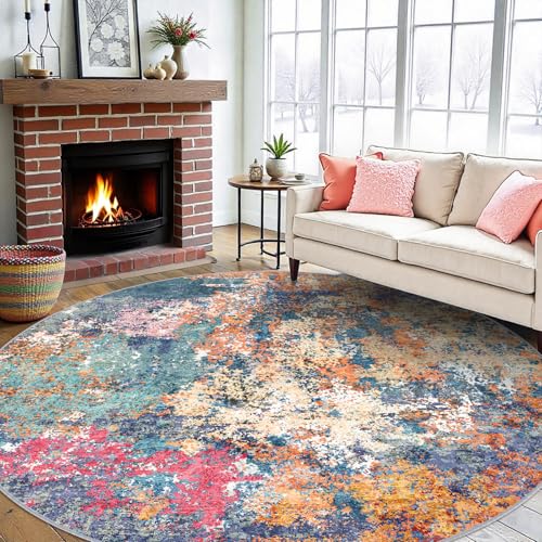 RUUGME Abstract 9ft Round Rug - Large Washable Rugs for Living Room Abstract Colorful Rug Indoor Non Slip Low Pile Carpet Bedroom Soft Foldable Stain Resistant Distressed Thin Mat 9ft Colorful/Multi