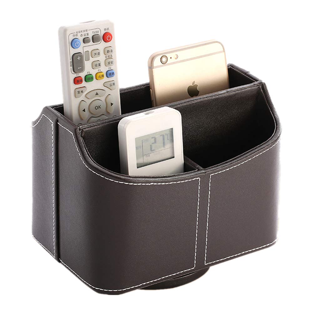 PU Leather Remote Control Holder 360 Degree Spinning Desk Organizer Storage Box for Remote Controllers, TV Guide, Mail, Electronics, Pen,Stationery and Media Storage (Brown)