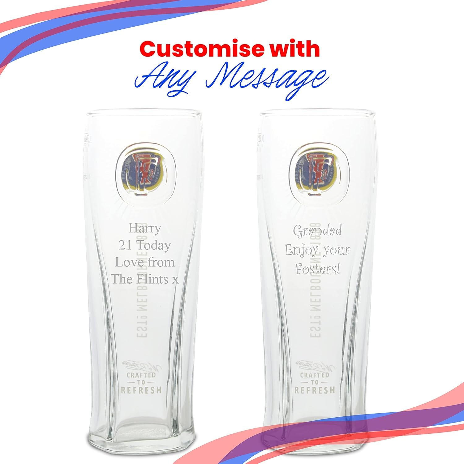 All Things Personalised Vaso Sidra Estilo Fosters 590 ml - Vaso de Cerveza Personalizado - Con Grabado Láser Nombre o Mensaje - Regalos Cerveceros para Hombre - Apto Lavavajillas, con Caja de Regalo