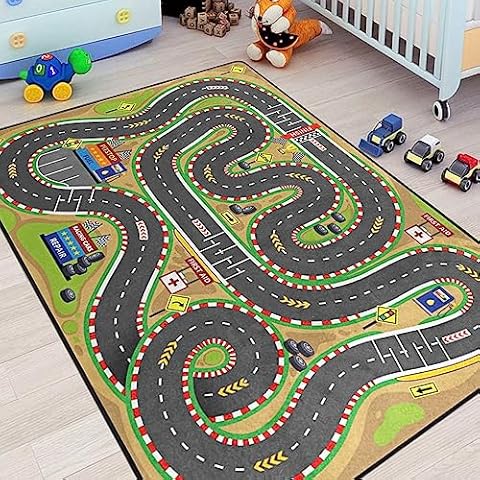 Kids Rug, Race Track Playmat Rugs - 5x7 Ft Kids Carpet with Rubber Backing, Start and Finish line Racing Track Marking Car or Karting Road Race 3D Play Mat Nursery Rugs for Children Bedroom Playroom Cover