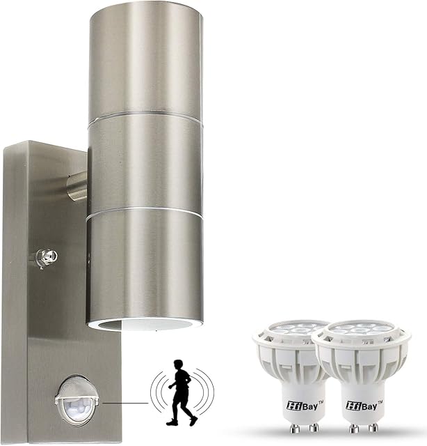 HiBay Motion Sensor Outside Wall Lights Mains Powered PIR Up Down Wall Lamp Stainless Steel Waterproof Garden Security Lights + 7W LED Bulbs Cool White