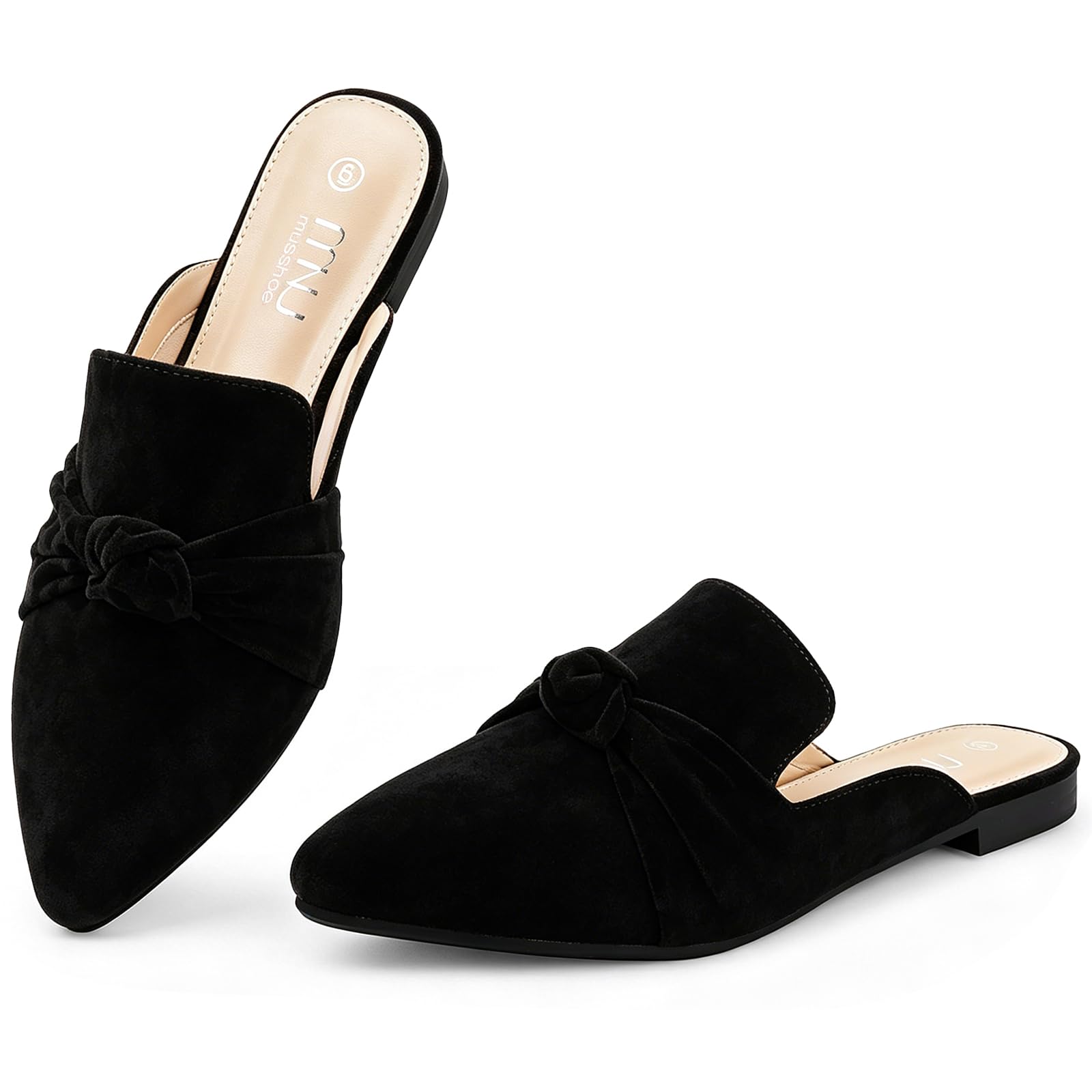 MUSSHOE Mules for Women with Bow Knot: Pointed Toe Flats - Cloud-Cushion Suede Backless Loafers for Office &amp; Casual Wear - Wide-Fit Friendly Slip On Slides with Memory Foam