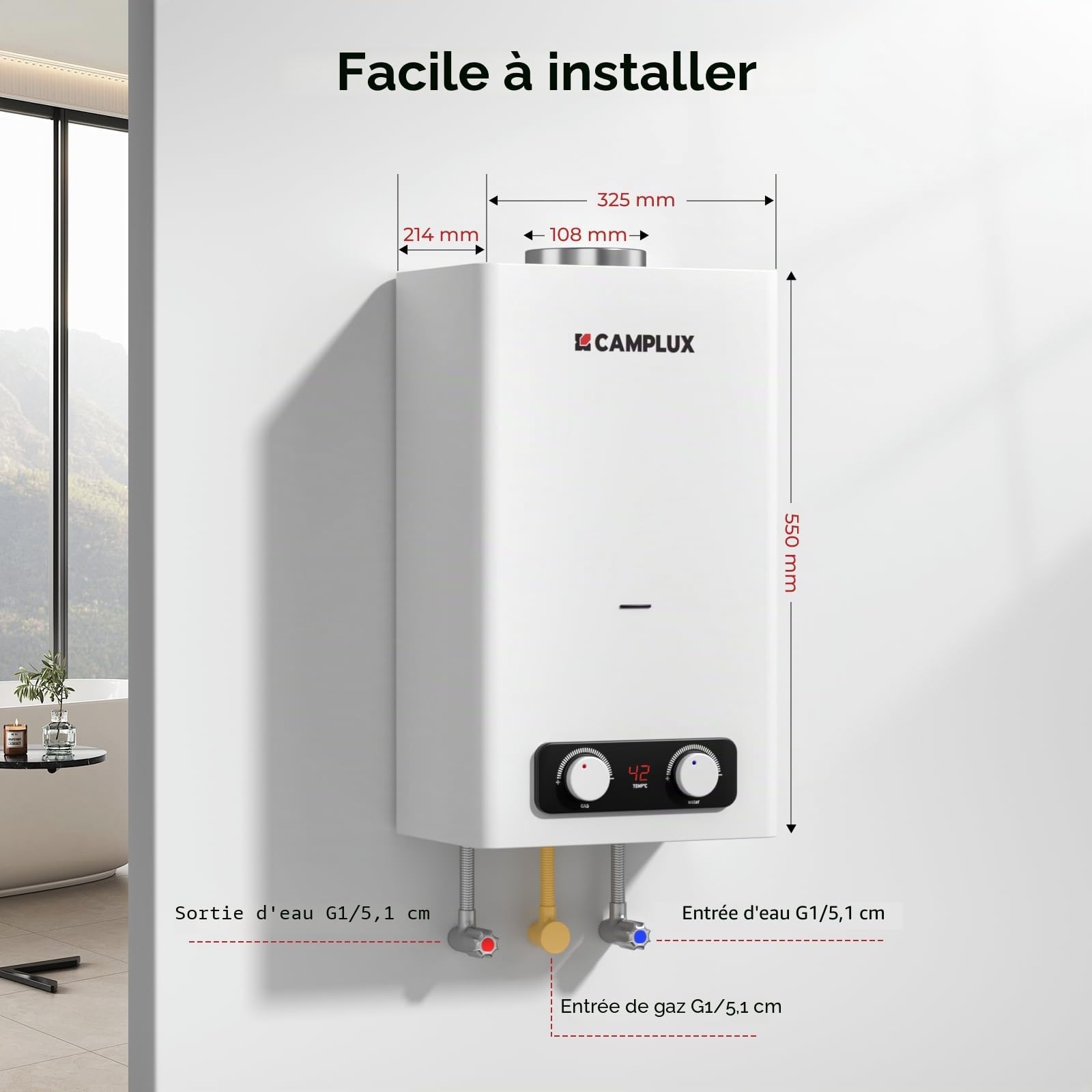 CAMPLUX BD300-DE 11L Chauffe-Eau à Gaz Instantané 50 mbar, Bas NOx/ErP, GPL, 3V, 22 kW, Chambre Scellée