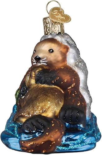 Miniatura 3 de Old World Christmas Adorno de vidrio de nutria con cachorro para árbol de vacaciones