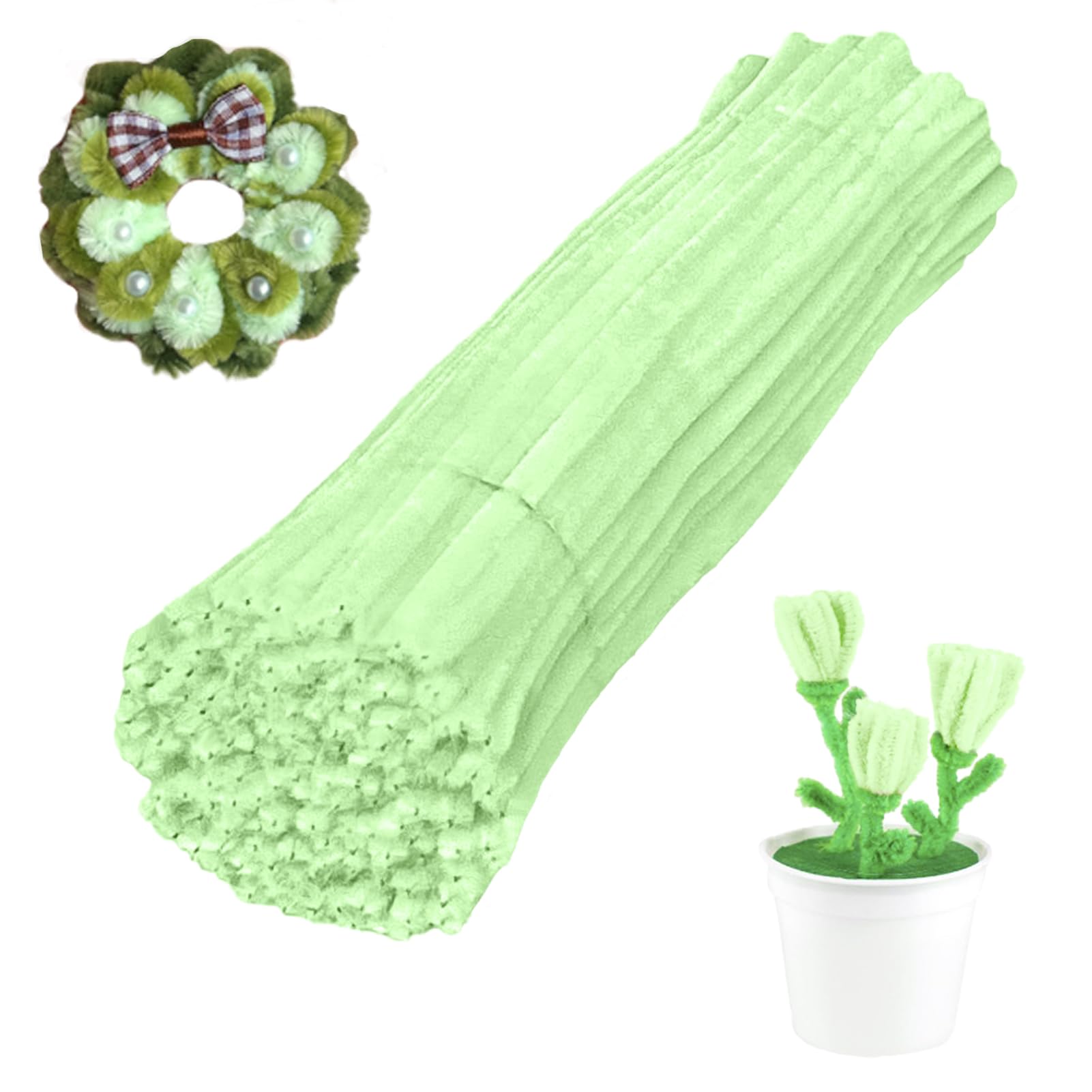 CAMAL 100pcs Light Green Pipe Cleaners Chenille Stems, Craft Pipe Cleaners Craft Supplies Fuzzy Sticks, Pipe Cleaners for Craft, DIY Art and Decorations (7 mm x 11.8 Inch)