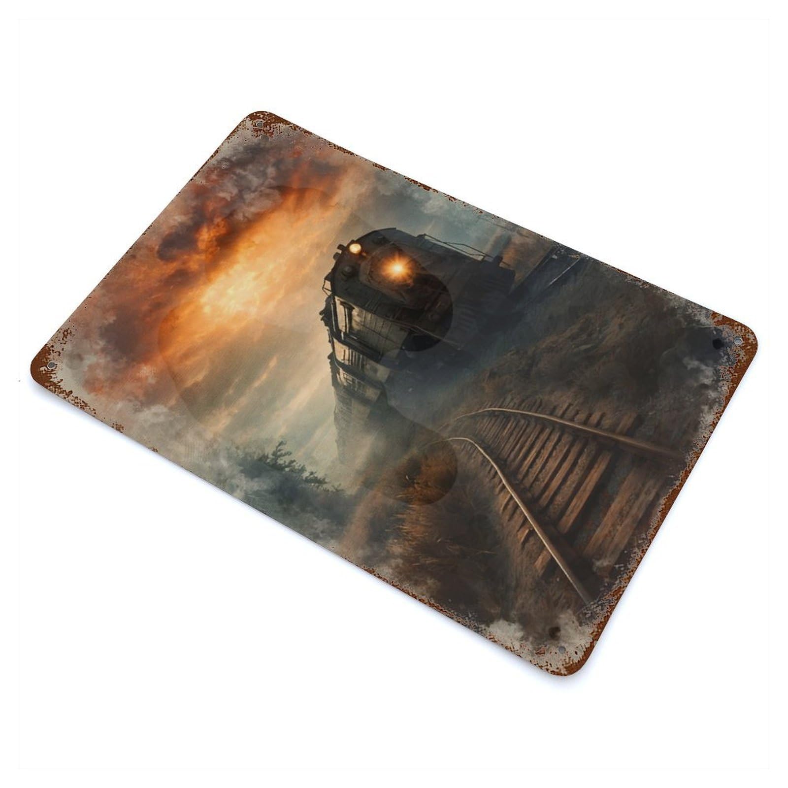 Retro Metal Sign with Train in Foggy Sunset Design 11.8"x7.9", for Bistro, Counter And Cafe Decor, Shabby Chic Decor
