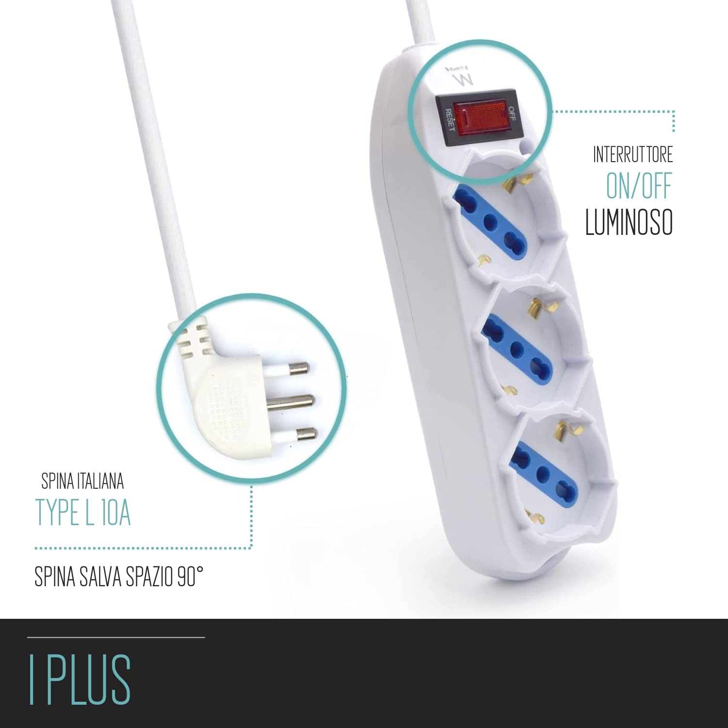 Multipresa a 3 Posti, Ciabatta Elettrica con 3 Prese Schuko/Tedesche e Italiane 10A/16A - Spina Italiana 10A - Potenza 250V/2500W - Cavo da 1,5 Metri, Prese Angolate a 45°