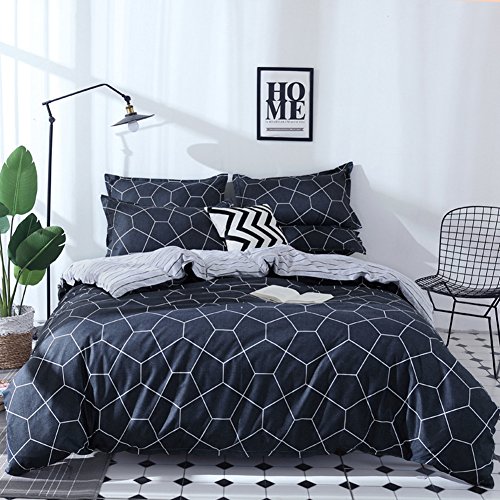 DOTBUY Parures de Lit 4 Pièces 2 Personnes, Microfibre Housses de Couettes avec 1 Drap de lit 2 Taies d'oreillers pour 140x200 200x200 220x240(140x200cm+160x230cm+50x75cm, Filet Bleu)