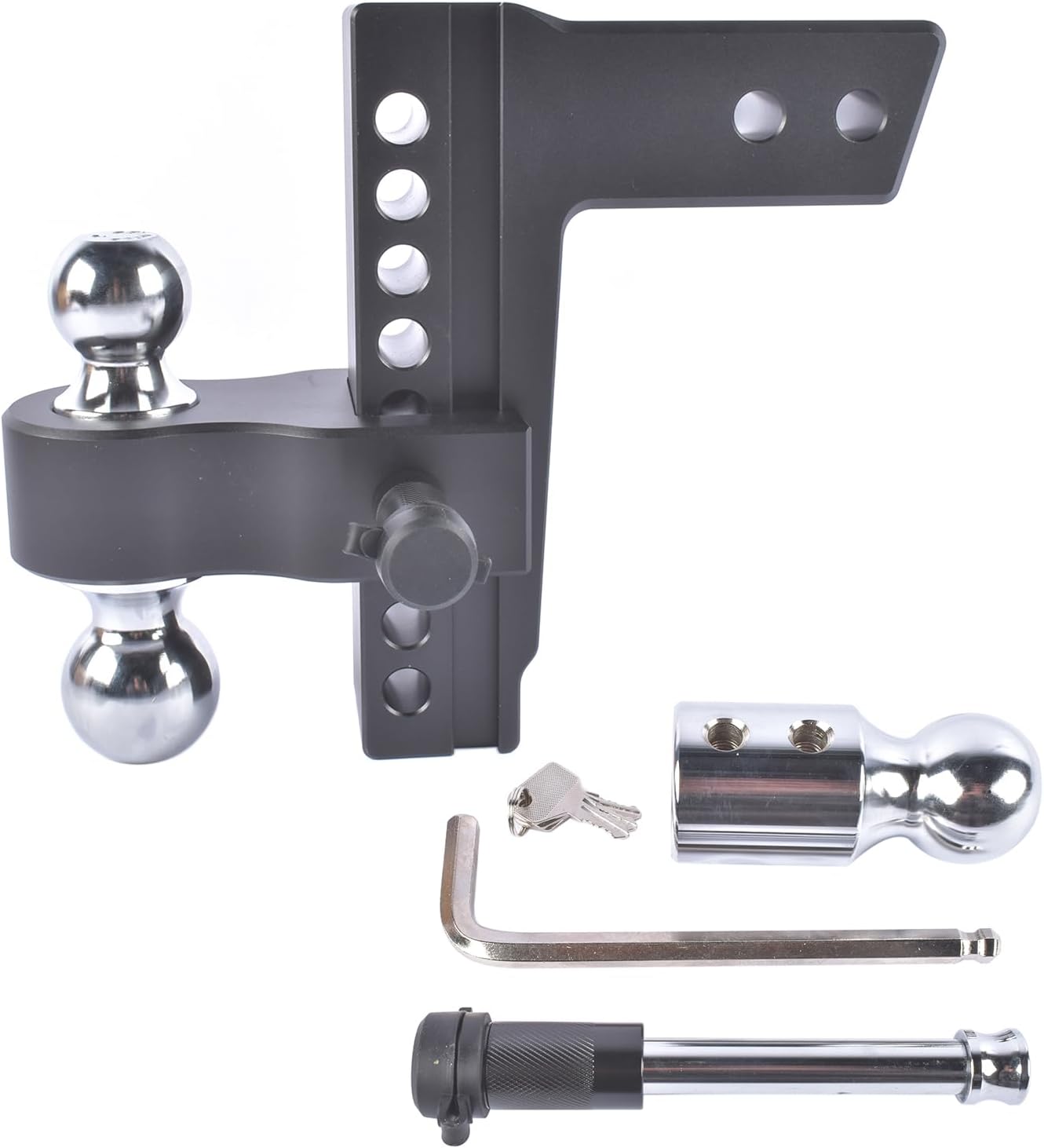 Black Adjustable Trailer Hitch Fits 2.5" Receiver | 8" Drop/Rise Heavy Duty Aluminum Drop Hitch | Tow Hitch 18500 LBS GTW | Tri-Ball (1-7/8" x 2" x 2-5/16") with Dual Pin Key Locks and a Wrench