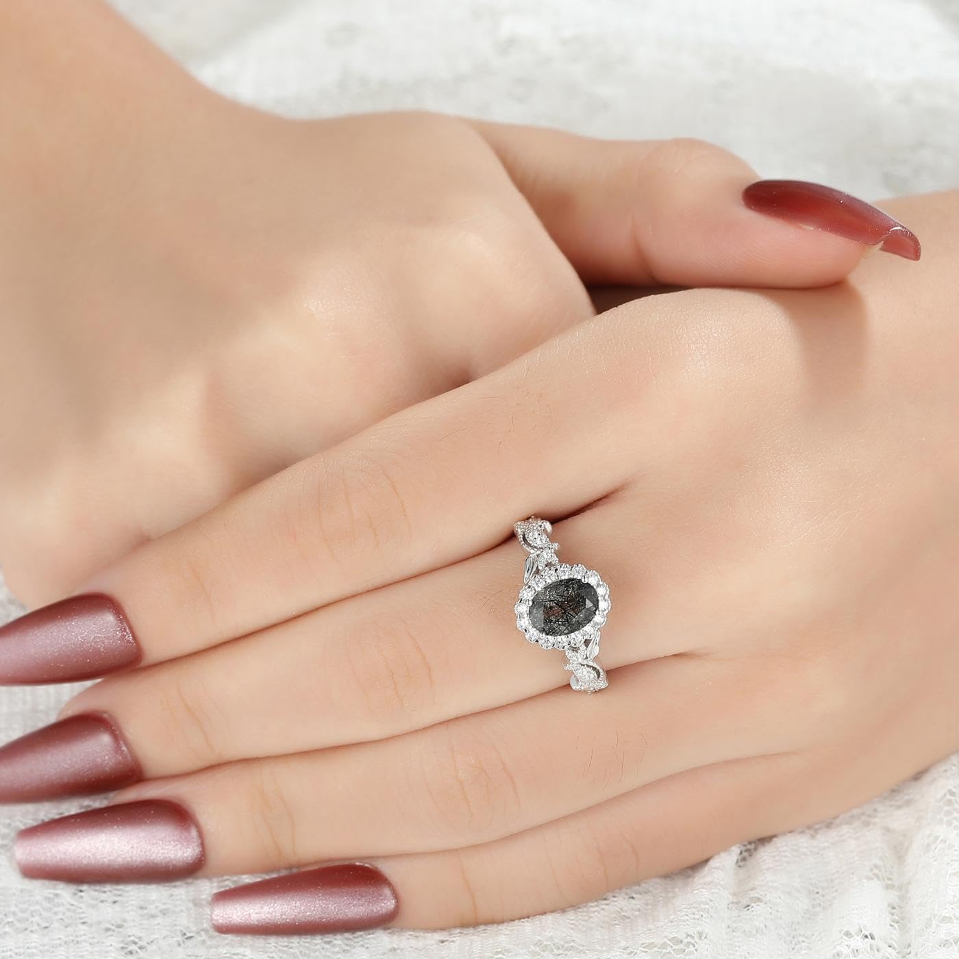 Natural Gemstone Engagement Ring for Women 925 Sterling Silver Platinum Plated Moss Agate/Black Rutilated Quartz Vintage Promise Wedding Ring for Her Size 4-9