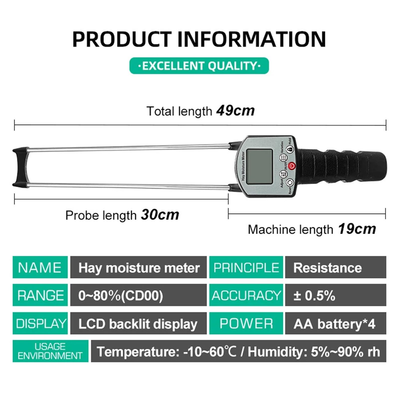 Medidor de Humedad de heno portátil con Pantalla retroiluminada, probador de Humedad de pastos, Paja de heno, 0-80%, higrómetro Digital Analizador Digital