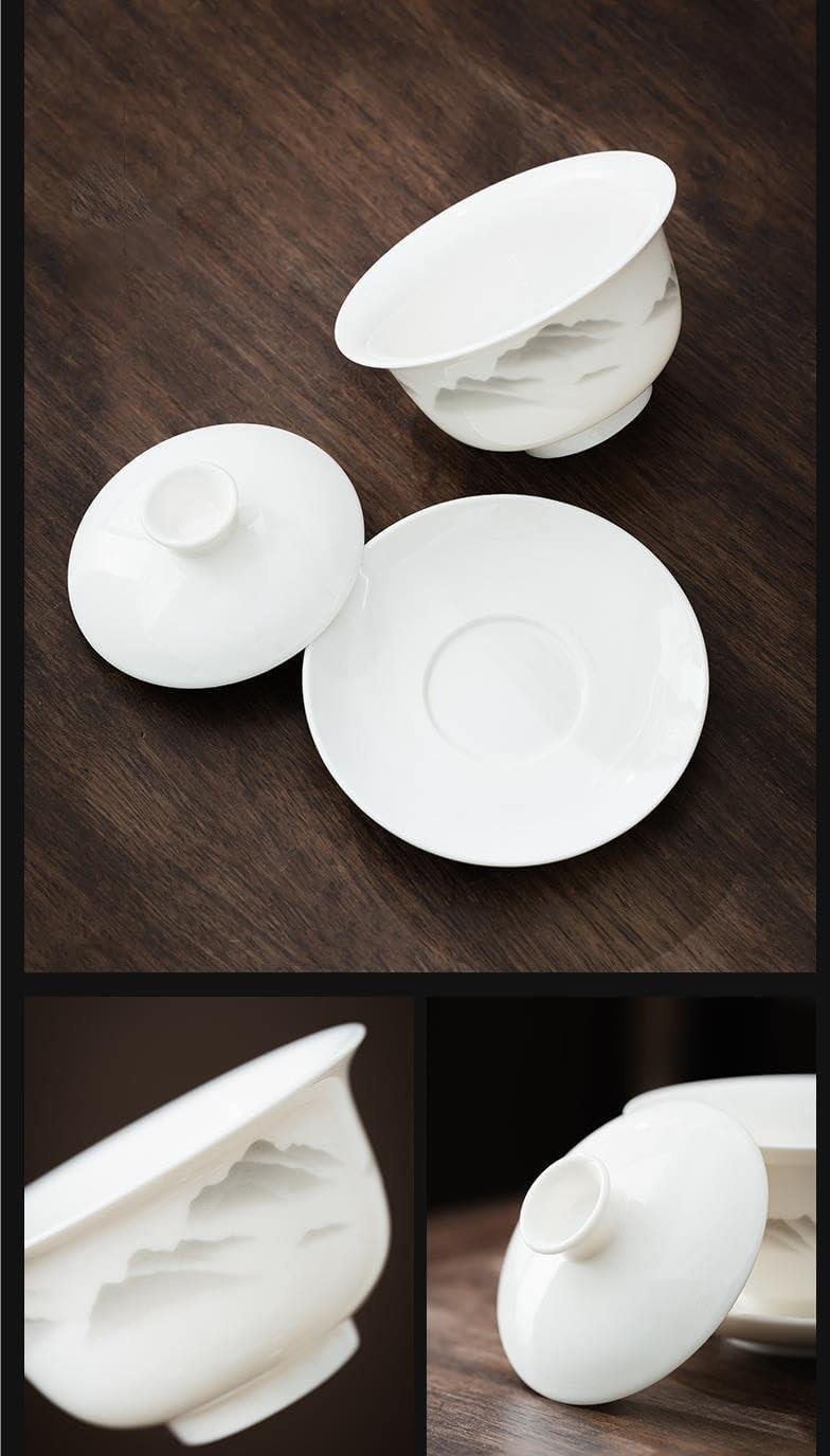 180ml Large Sancai Gaiwan, Sheep‑Jade Porcelain 3‑Piece Tea Bowl