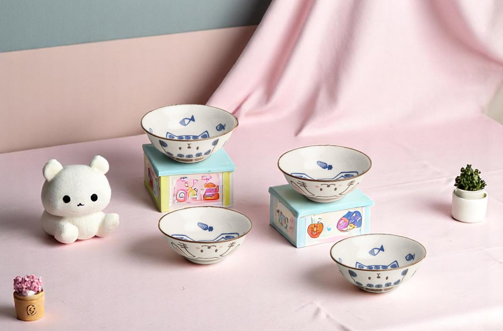 Kawaii Bowl Japan - Ramen Bol en porcelaine 20 cm - Bol conçu avec amour de style kawaii japonais - Passe au lave-vaisselle - Design : chat, lapin ou lot de 2 (lot de 2 bols mixtes chat et lapin)