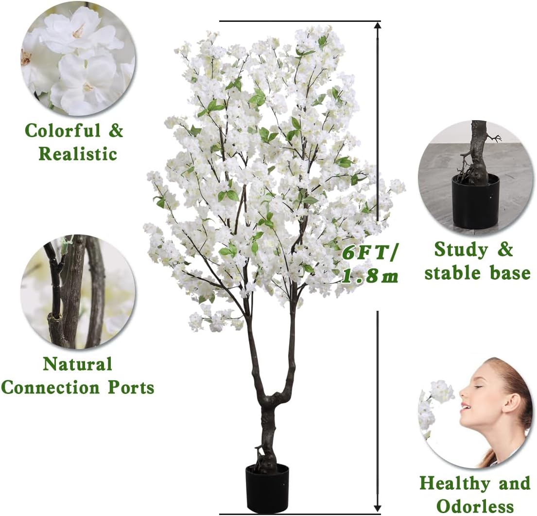 BINCUE Artificial White Cherry Blossom Tree Fake Tree Cherry Blossom Decor Fake Flowers Faux Flowering Tree White Flowers Floral for Indoor Outdoor Room Home Spring Gift 6FT