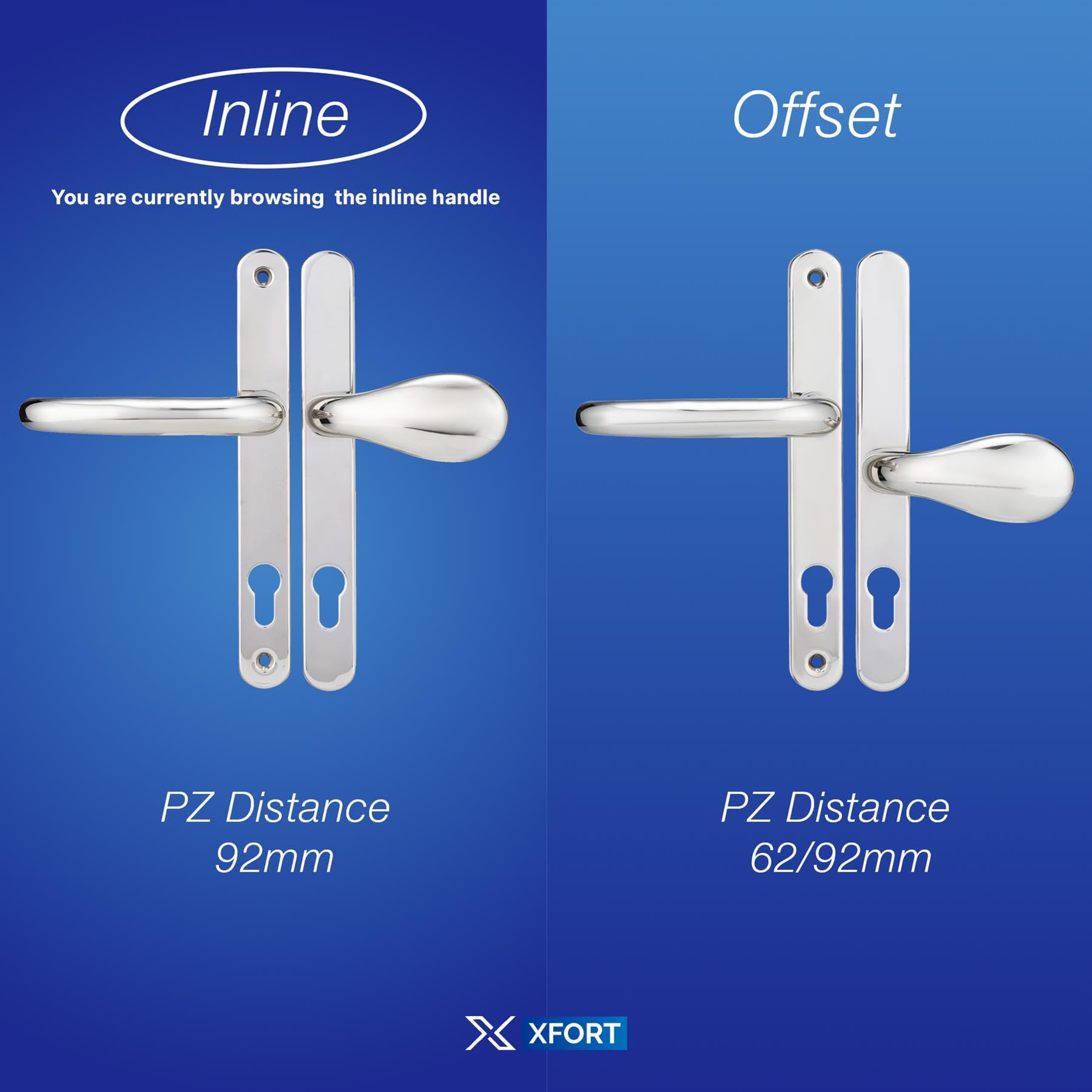 XFORT Uros Polished Chrome Inline UPVC Door Handle, (PZ 92mm, Screw Hole Distance 211mm - Image 3