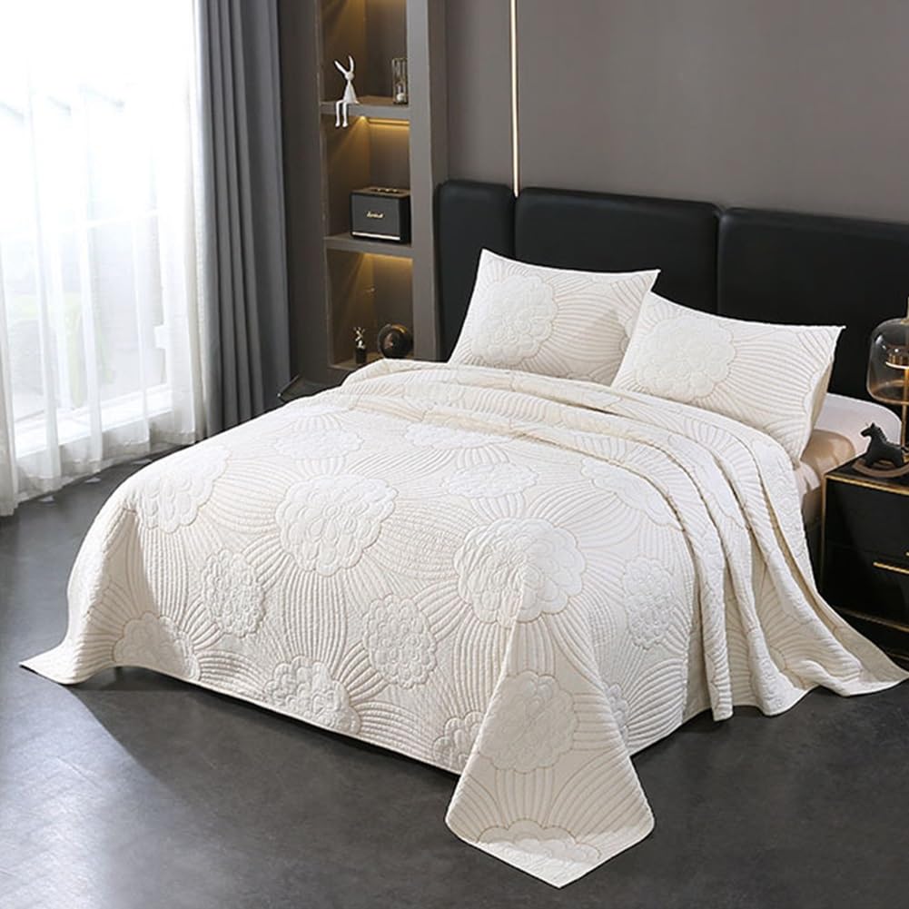 MiDuoHU Quilted Bedspread Cotton with Embroidery with 2 Pillowcases, Soft and Comfortable Bed Throw Coverlet Set for All Seasons(Off-white,224x234cm)