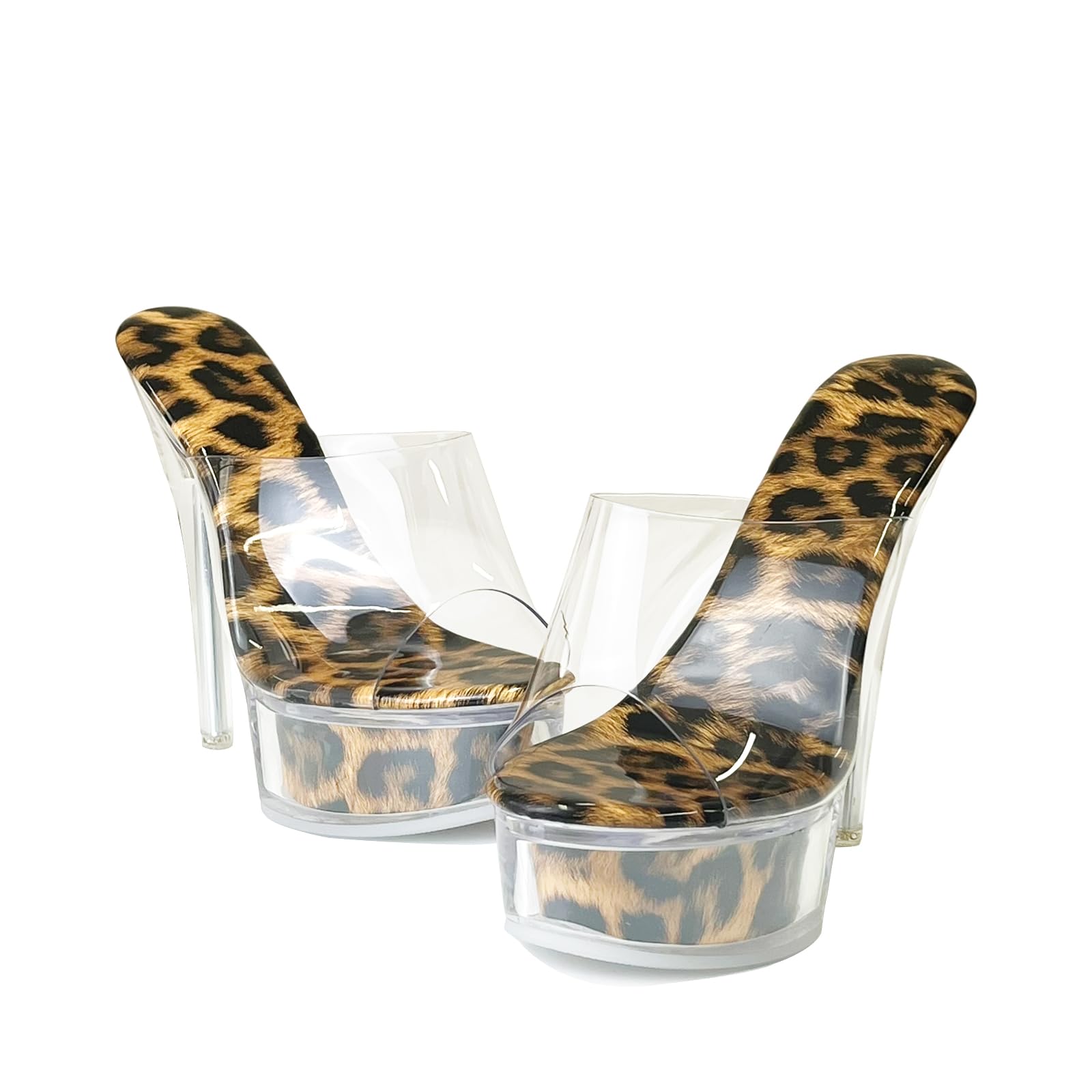 Fantoesay Women's Clear Super High Heeled Sandals Platform High Heels Transparent Stiletto Slip on Shoes: 8.5 Brown Leopard