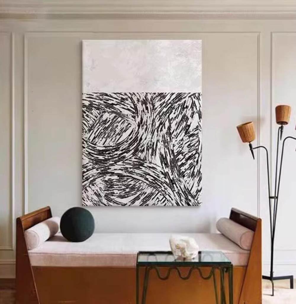 Peinture à l'huile grand format pour salon moderne avec graffiti abstrait noir et blanc