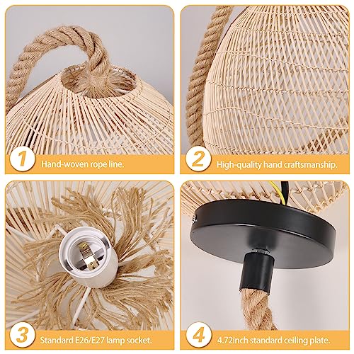 Walmhomie 30CM*30CM 1 Light Rattan Pendant Light Boho Coastal Wicker Chandelier Hemp Rope Hanging Light Fixture For Kitchen Island Bedroom Restaurants thumb #5