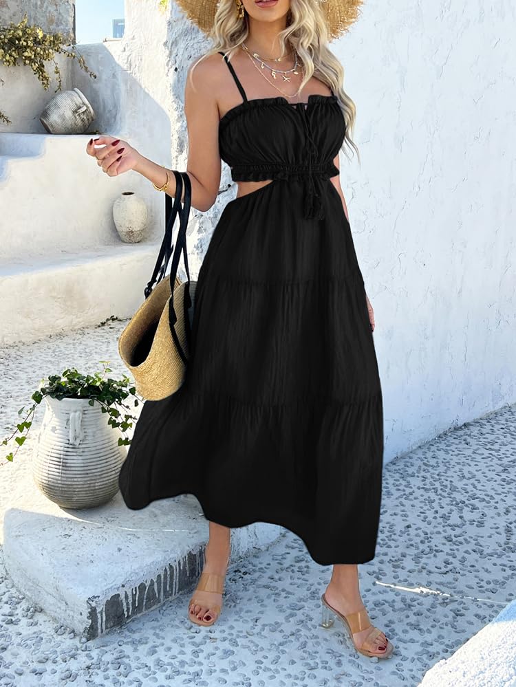 Image of Sumleno Women's 2026 Summer Bohemian Maxi Dresses Spaghetti Strap Cutout Tie Back Tiered Flowy Dress Vacation Beach Outfits