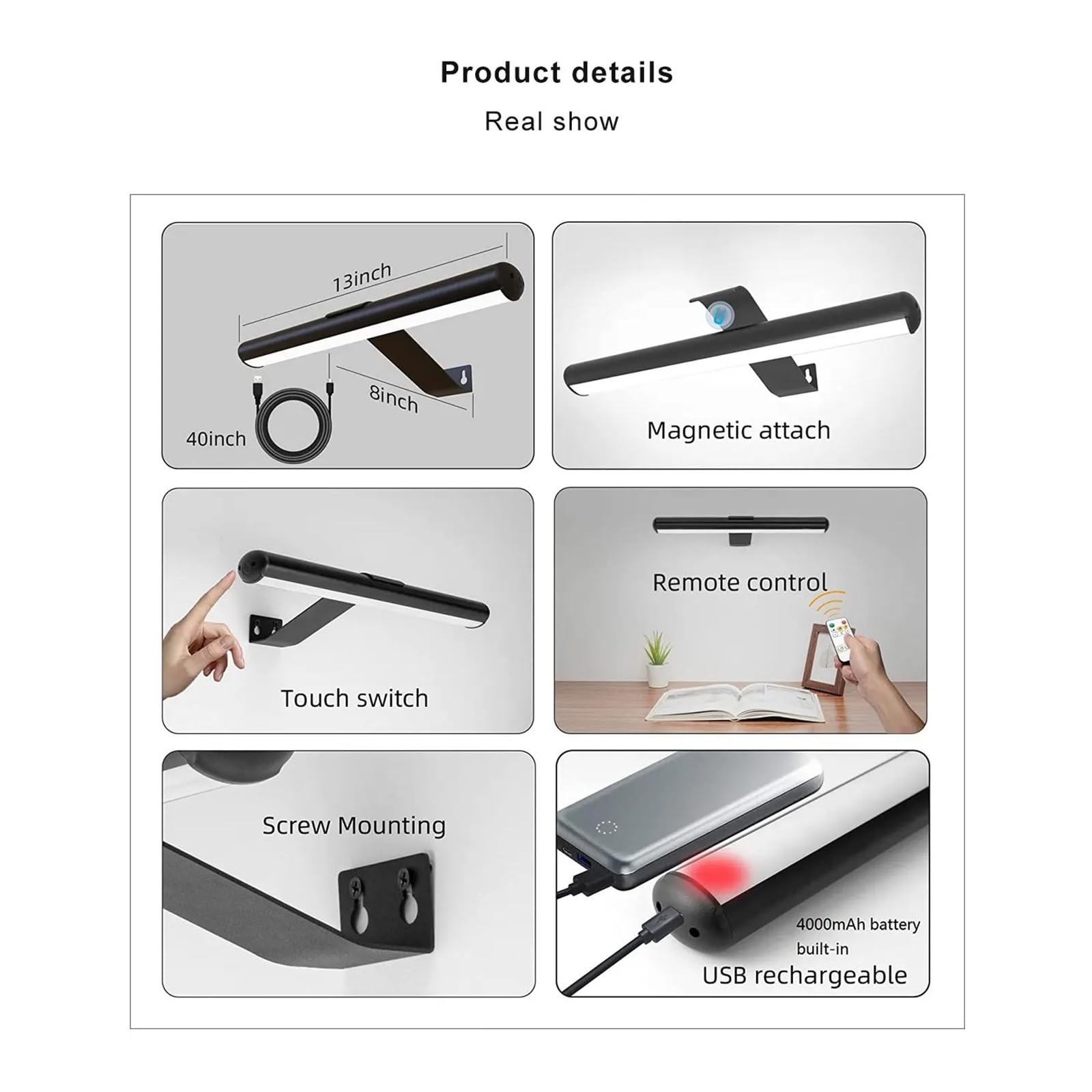 Luci Esposizione Per Quadri Quadro Luminoso Ritratto Con Lampada Da Parete Wireless Remota For Soggiorno Foto Bianca Calda A Batteria Ricaricabile(Black)