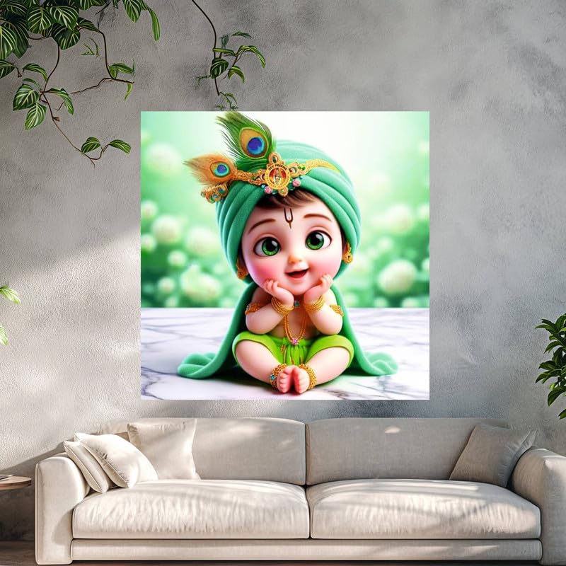 Image of British Terminal Cute little Bal Gopal Baby God Krishna| Kanha Ji | Laddu Lord Makhan Chor Painting Religious Poster for Pregnant Women for wall (matt thin vinyl,sticker,multicolor,unframed)| bj19
